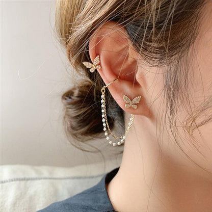 AVR JEWELS High sense of asymmetric butterfly pearl ear bone clip earrings all-in-one female super fairy tassel earrings